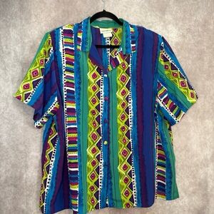 Vintage 80's Tropics Bright Geometric Aztec Multicolor Button Up‎ Women's 2X